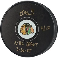 Oliver Moore Chicago Blackhawks Autographed Hockey Puck with "NHL Debut 3-30-25" Inscription - Limited Edition of 10