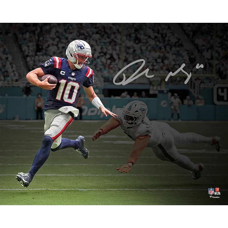 Drake Maye New England Patriots Autographed 16" x 20" Stiff Arm vs. Dolphins Spotlight Photograph