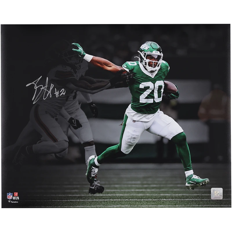Breece Hall New York Jets Autographed 16" x 20" Stiff Arm vs. Cleveland Browns Spotlight Photograph
