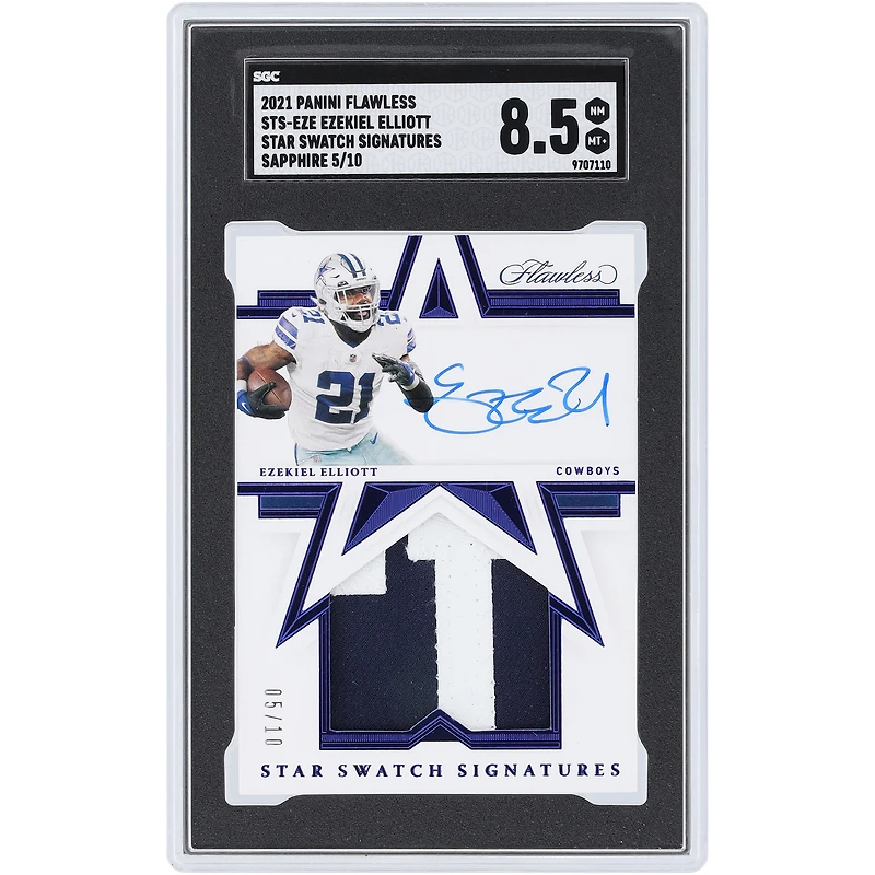 Ezekiel Elliott Dallas Cowboys Autographed 2021 Panini Flawless Sapphire Star Swatch Signatures Dual-Color Relic #STS-EZE #5/10 SGC Authenticated 8.5 Card