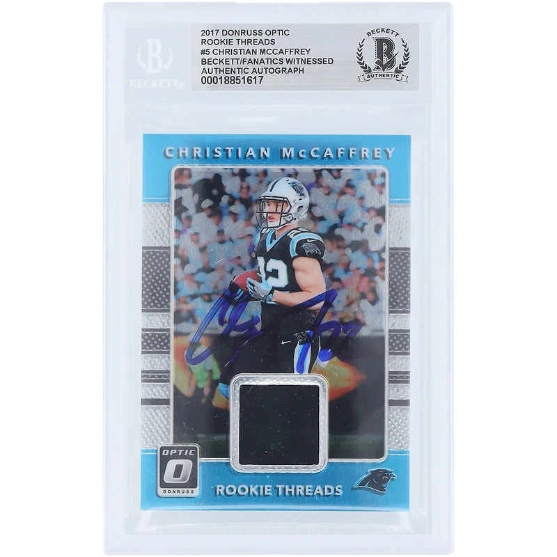 Christian McCaffrey Carolina Panthers Autographed 2017 Panini Donruss Optic Rookie Threads Relic #5 Beckett Fanatics Witnessed Authenticated Rookie Card