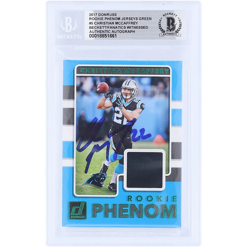 Christian McCaffrey Carolina Panthers Autographed 2017 Panini Donruss Green Rookie Phenom Jerseys Relic #5 Beckett Fanatics Witnessed Authenticated Rookie Card
