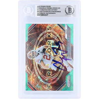 Christian McCaffrey San Francisco 49ers Autographed 2023 Panini Prizm Fireworks Green Ice Prizm #F-12 Beckett Fanatics Witnessed Authenticated Card