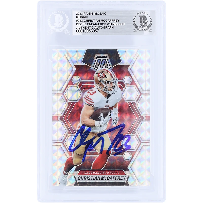 Christian McCaffrey San Francisco 49ers Autographed 2023 Panini Mosaic #213 Beckett Fanatics Witnessed Authenticated Card
