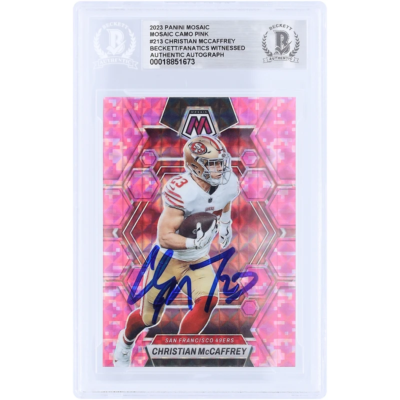Christian McCaffrey San Francisco 49ers Autographed 2023 Panini Mosaic Camo Pink Mosaic #213 Beckett Fanatics Witnessed Authenticated Card