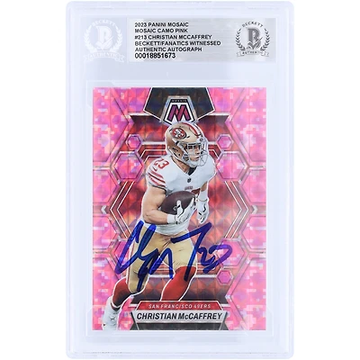 Christian McCaffrey San Francisco 49ers Autographed 2023 Panini Mosaic Camo Pink Mosaic #213 Beckett Fanatics Witnessed Authenticated Card