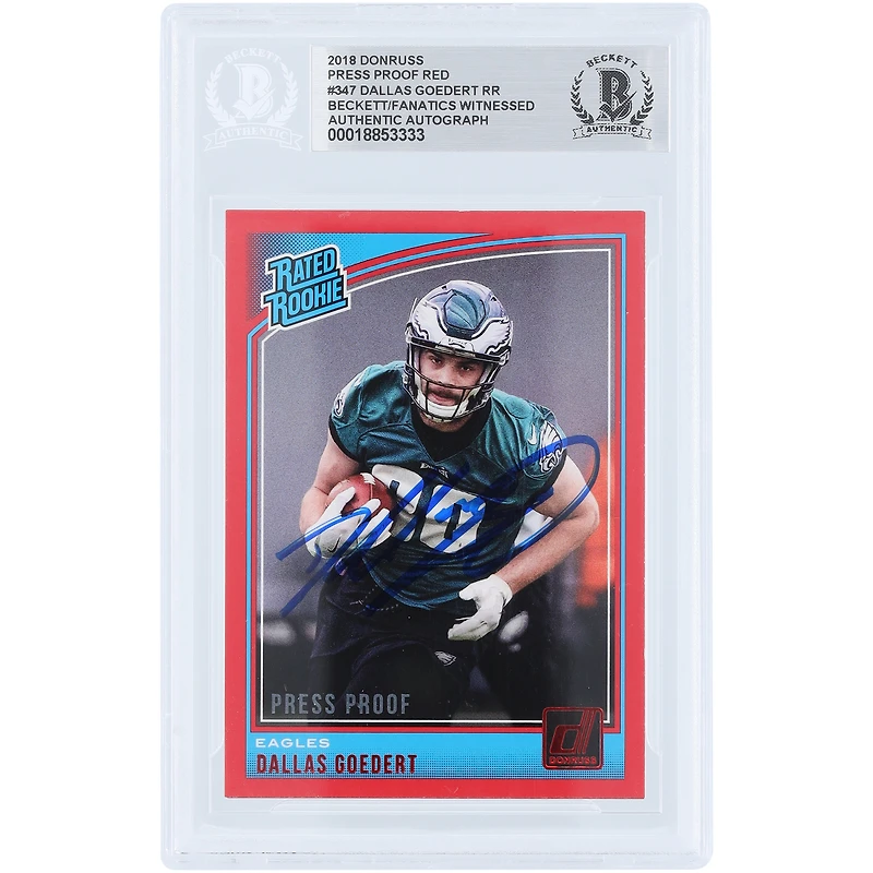 Dallas Goedert Philadelphia Eagles Autographed 2018 Panini Donruss Rated Rookie Press Proof Red #347 Beckett Fanatics Witnessed Authenticated Rookie Card