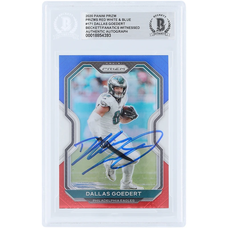 Dallas Goedert Philadelphia Eagles Autographed 2020 Panini Prizm Red White & Blue #171 Beckett Fanatics Witnessed Authenticated Card