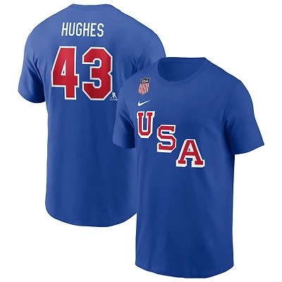 Men's Nike Quinn Hughes Royal US Hockey 2026 Name & Number T-Shirt