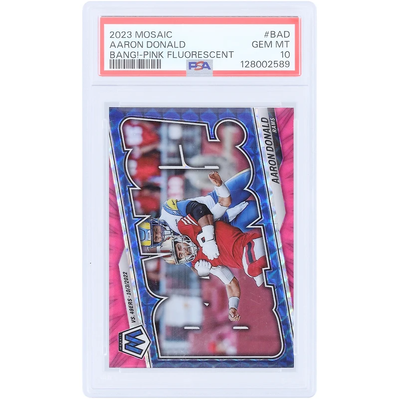 Aaron Donald Los Angeles Rams 2023 Panini Mosaic BANG! Pink Fluorescent Mosaic #B-AD #10/10 PSA Authenticated 10 Card