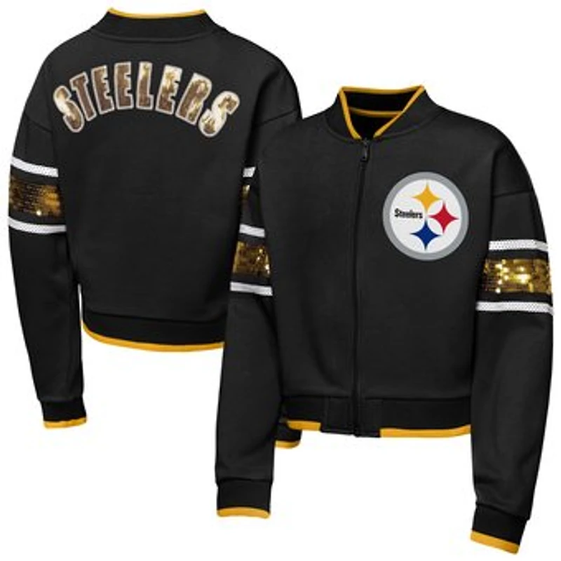 Girls Youth Outerstuff Black Pittsburgh Steelers MVP Full-Zip Sequin Bomber Jacket