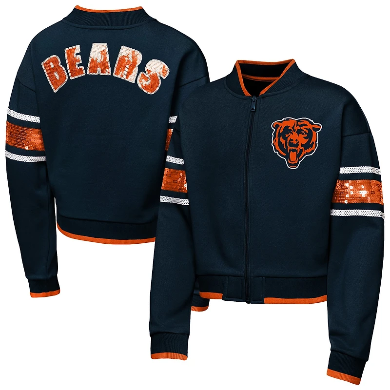 Girls Youth Outerstuff Navy Chicago Bears MVP Full-Zip Sequin Bomber Jacket