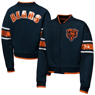 Girls Youth Outerstuff Navy Chicago Bears MVP Full-Zip Sequin Bomber Jacket