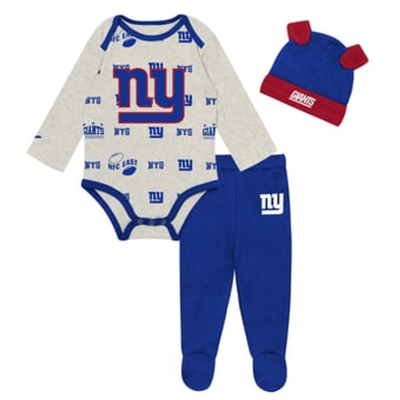 Newborn Outerstuff Heather Gray New York Giants Huddles & Giggles 3-Piece Pant and Hat Set