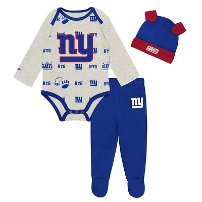 Newborn Outerstuff Heather Gray New York Giants Huddles & Giggles 3-Piece Pant and Hat Set