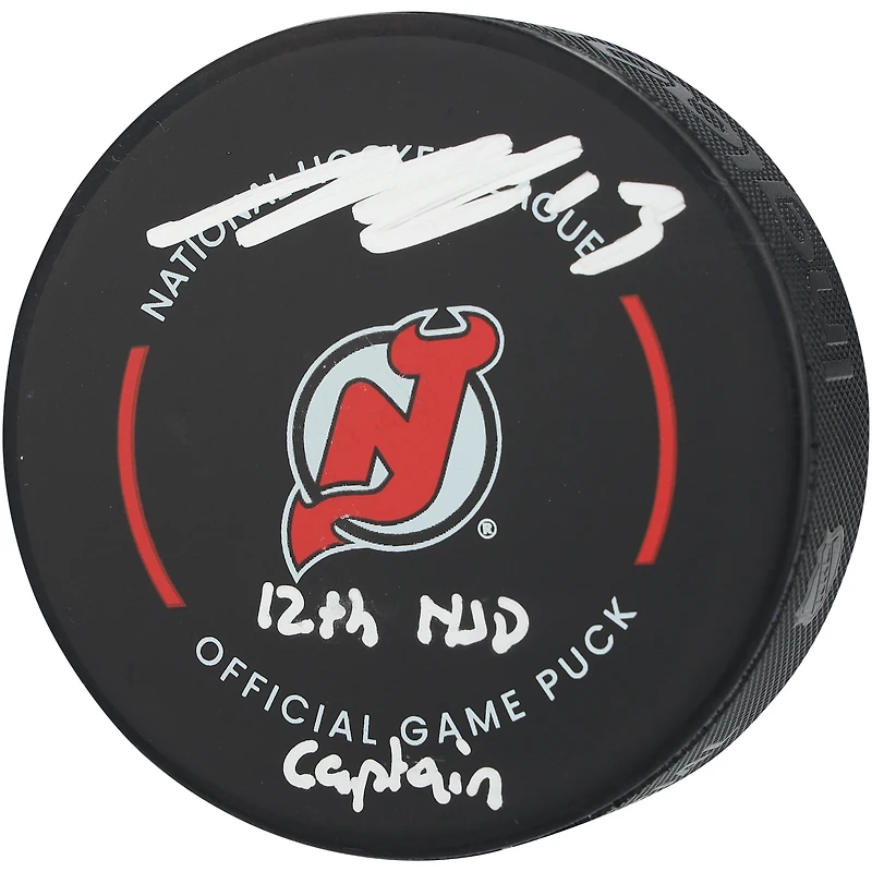 Nico Hischier New Jersey Devils Autographed Official Game Puck with "12th NJD Captain" Inscription