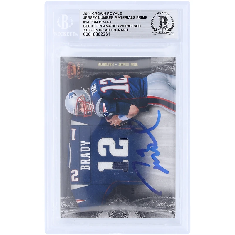 Tom Brady New England Patriots Autographed 2011 Panini Crown Royale Jersey Number Materials Prime GU Dual-Color Relic #14 #05/10 Beckett Fanatics Witnessed Authenticated Card