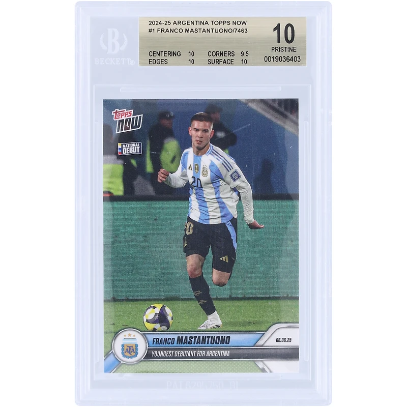 Franco Mastantuono Argentina National Team 2024-25 Topps Now Youngest Debutant for Argentina #1 BGS Authenticated 10 Card - 10,9.5,10,10 Subgrades