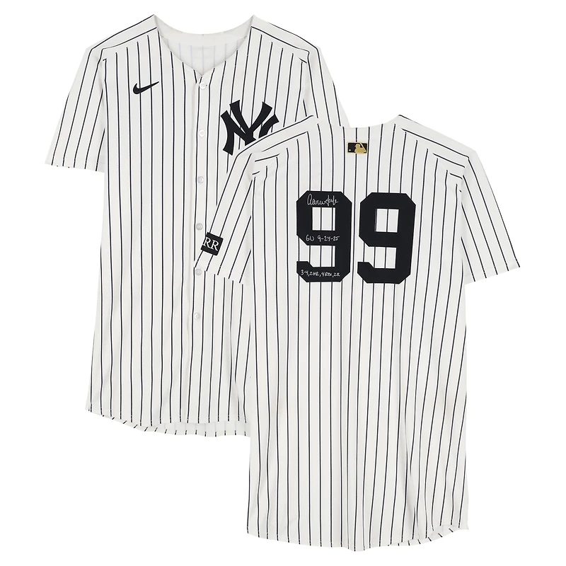 Aaron Judge New York Yankees Autographed Game-Used #99 White Nike Pinstripe Jersey vs. Chicago White Sox on September 24, 2025 with Multiple Inscriptions - 3-4, 2 HR, 4 RBI, 2 R