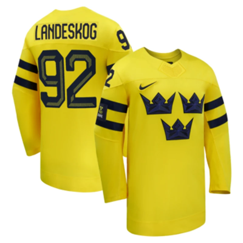Men's Nike Gabriel Landeskog Sweden Hockey Yellow 2026 Away Replica Jersey