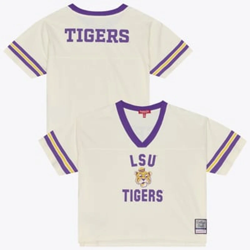 Women's Mitchell & Ness Cream LSU Tigers Retro Roots Crop Boxy Yoke T-Shirt