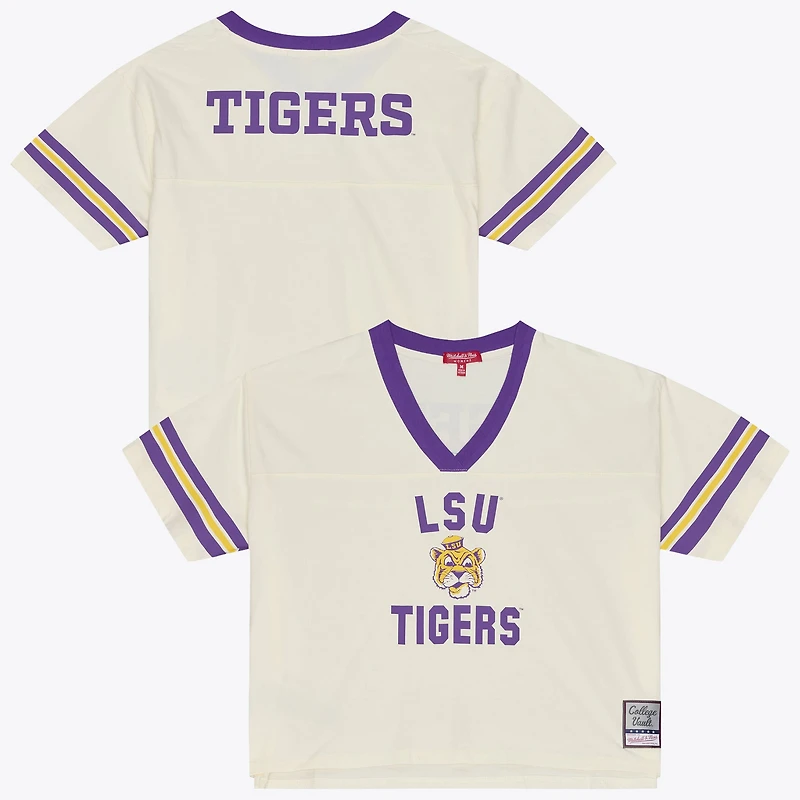 Women's Mitchell & Ness Cream LSU Tigers Retro Roots Crop Boxy Yoke T-Shirt