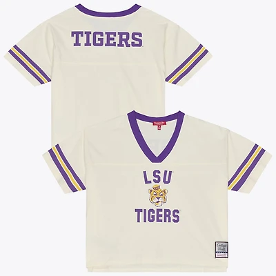 Women's Mitchell & Ness Cream LSU Tigers Retro Roots Crop Boxy Yoke T-Shirt