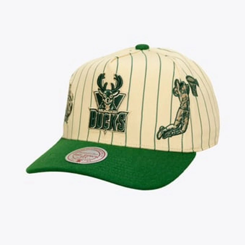Men's Mitchell & Ness Cream Milwaukee Bucks Hardwood Classics Retro Roots Stripe Pro Adjustable Hat