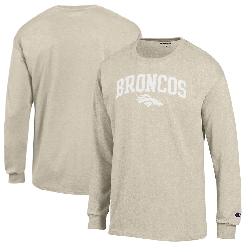 Men's Champion Heather Oatmeal Denver Broncos White Ink Jersey Long Sleeve T-Shirt