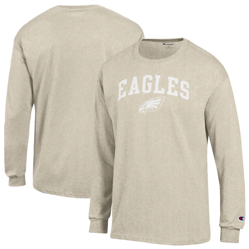 Men's Champion Heather Oatmeal Philadelphia Eagles White Ink Jersey Long Sleeve T-Shirt