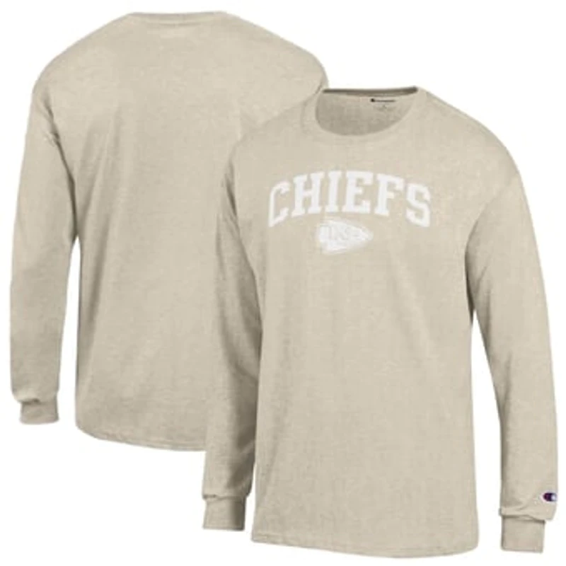 Men's Champion  Heather Oatmeal Kansas City Chiefs White Ink Jersey Long Sleeve T-Shirt