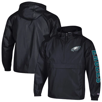 Men's Champion Black Philadelphia Eagles Packable Hooded Windbreaker Half-Zip Jacket