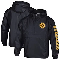 Men's Champion Black Pittsburgh Steelers Packable Hooded Windbreaker Half-Zip Jacket