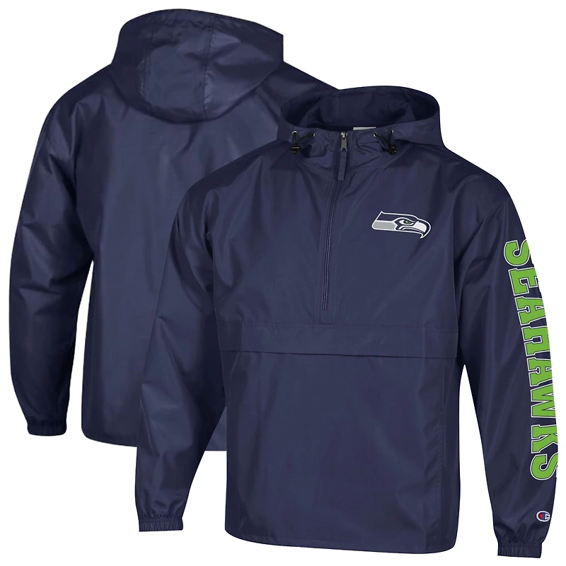 Men's Champion College Navy Seattle Seahawks Packable Hooded Windbreaker Half-Zip Jacket