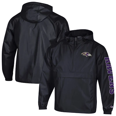 Men's Champion Black Baltimore Ravens Packable Hooded Windbreaker Half-Zip Jacket