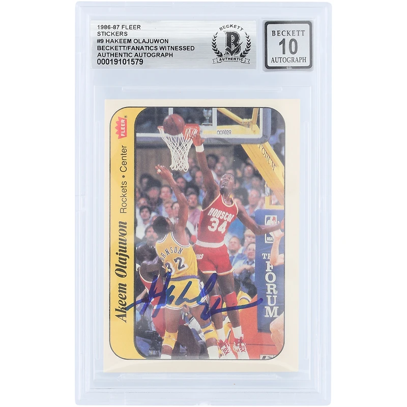 Hakeem Olajuwon Houston Rockets Autographed 1986-87 Fleer Sticker #9 Beckett Fanatics Witnessed Authenticated 10 Rookie Card