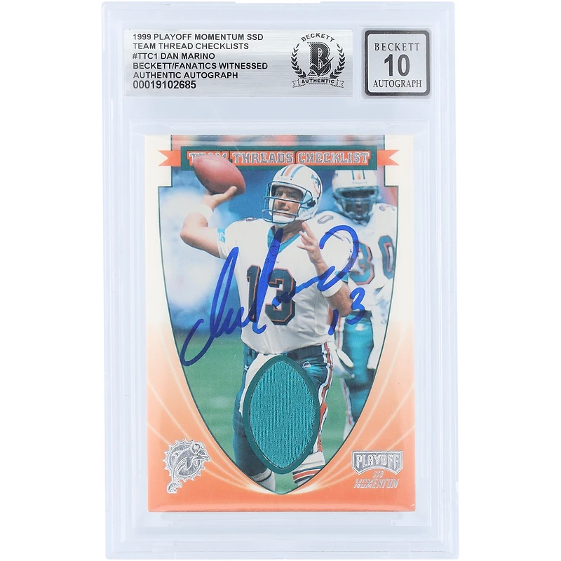 Dan Marino Miami Dolphins Autographed 1999 Playoff Momentum SSD Team Threads Checklist Dual White/Teal Jersey Relics #TTC 01 Beckett Fanatics Witnessed Authenticated 10 Card