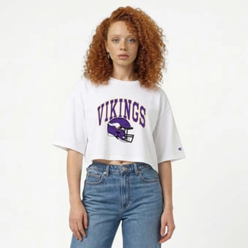 Women's Champion White Minnesota Vikings Boyfriend Cropped T-Shirt