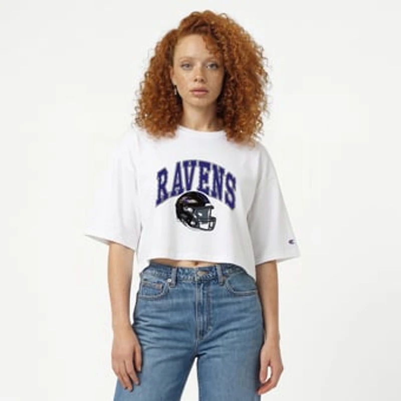 Women's Champion  White Baltimore Ravens Boyfriend Cropped T-Shirt