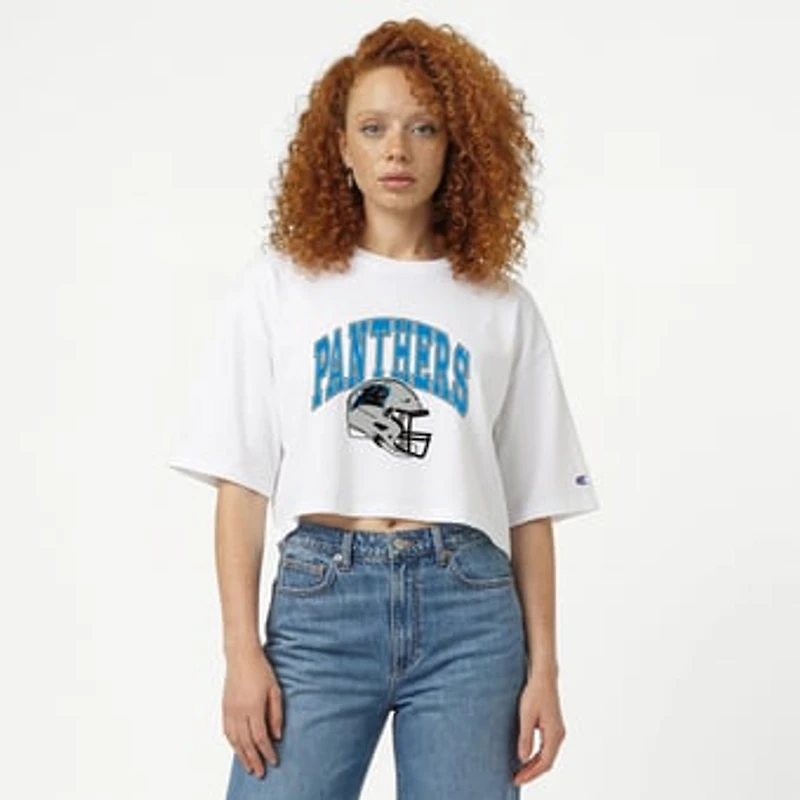 Women's Champion  White Carolina Panthers Boyfriend Cropped T-Shirt