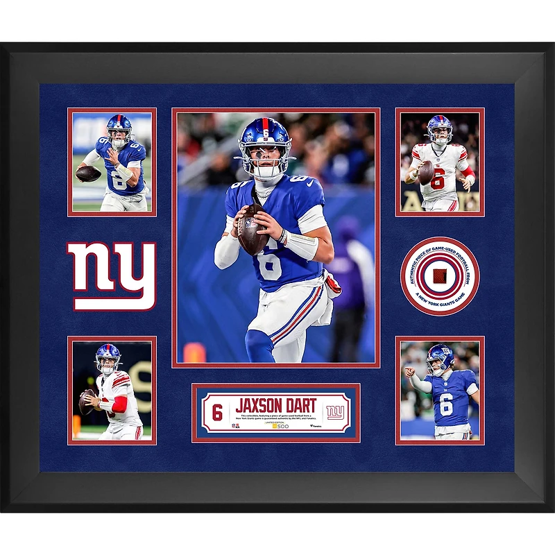 Jaxson Dart New York Giants Framed 20" x 24" 5-Photo Collage with a Piece of Game-Used Football - Limited Edition of 500