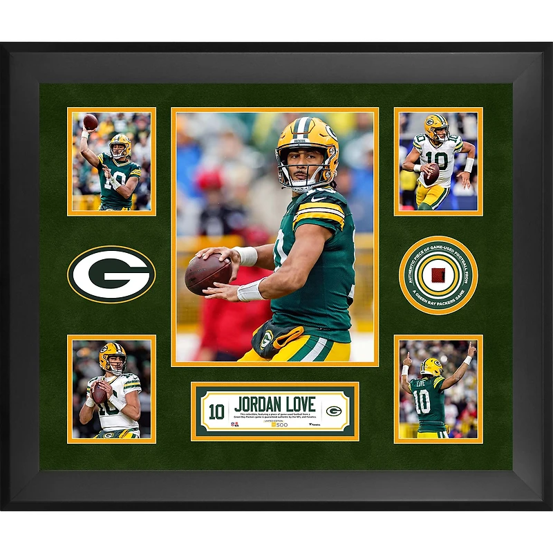 Jordan Love Green Bay Packers Framed 20" x 24" 5-Photo Collage with a Piece of Game-Used Football - Limited Edition of 500