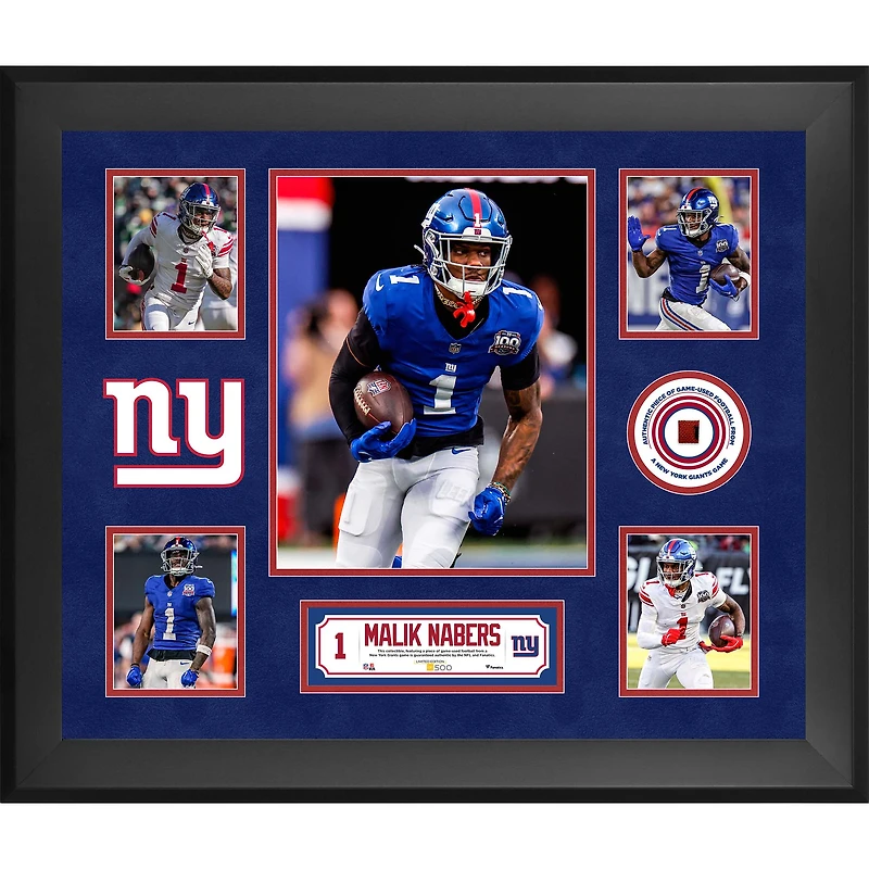Malik Nabers New York Giants Framed 20" x 24" 5-Photo Collage with a Piece of Game-Used Football - Limited Edition of 500