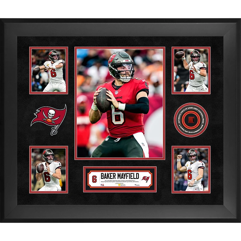 Baker Mayfield Tampa Bay Buccaneers Framed 20" x 24" 5-Photo Collage with a Piece of Game-Used Football - Limited Edition of 500