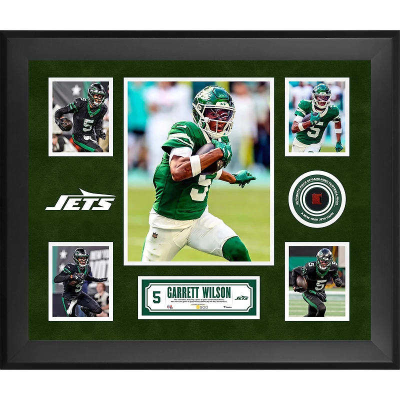 Garrett Wilson New York Jets Framed 20" x 24" 5-Photo Collage with a Piece of Game-Used Football - Limited Edition of 500