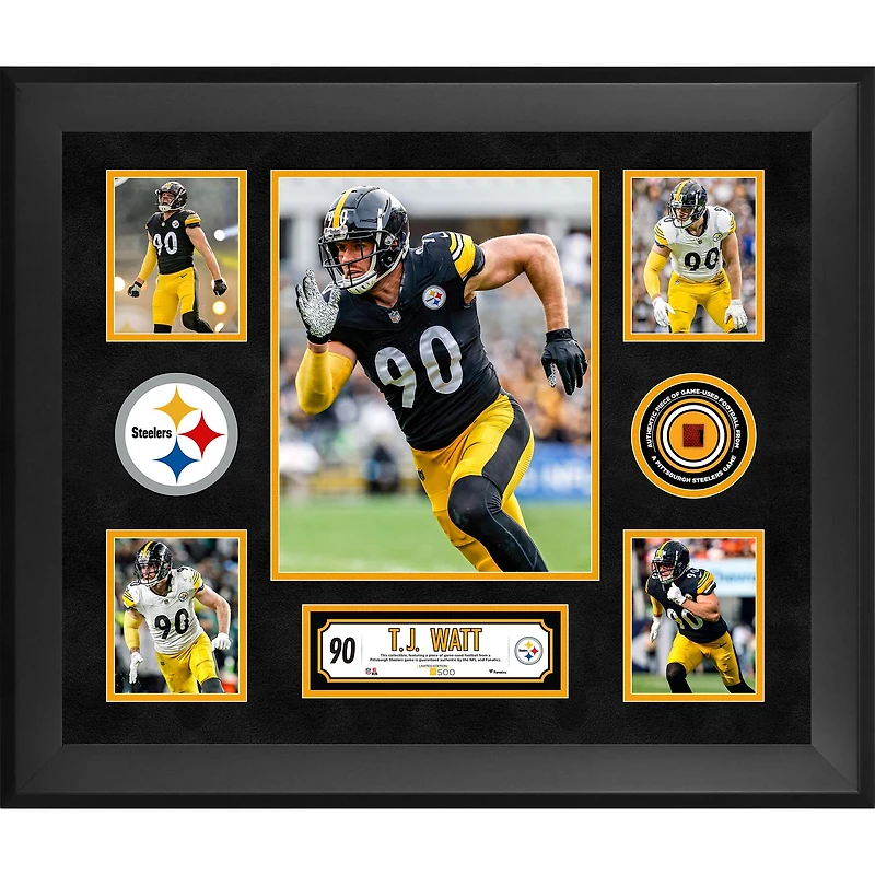 T.J. Watt Pittsburgh Steelers Framed 20" x 24" 5-Photo Collage with a Piece of Game-Used Football - Limited Edition of 500