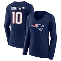 Women's Drake Maye Navy New England Patriots Nickname V-Neck Long Sleeve T-Shirt