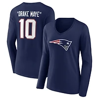 Women's Drake Maye Navy New England Patriots Nickname V-Neck Long Sleeve T-Shirt