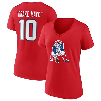 Women's Drake Maye Red New England Patriots Nickname V-Neck T-Shirt