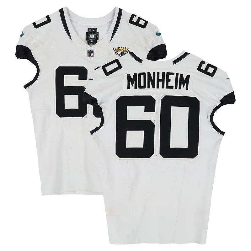 Jonah Monheim Jacksonville Jaguars Game-Used #60 White Nike Jersey vs. Tennessee Titans on November 30, 2025